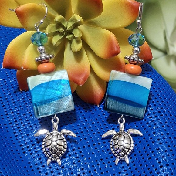 Artisan Hand Crafted Earrings, Turtles Silver Aqua Blue Orange Shell, Pierced - Picture 9 of 12
